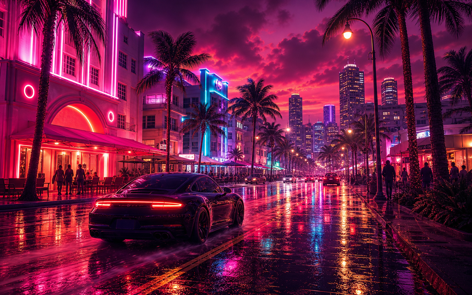 Avenida iluminada por neón