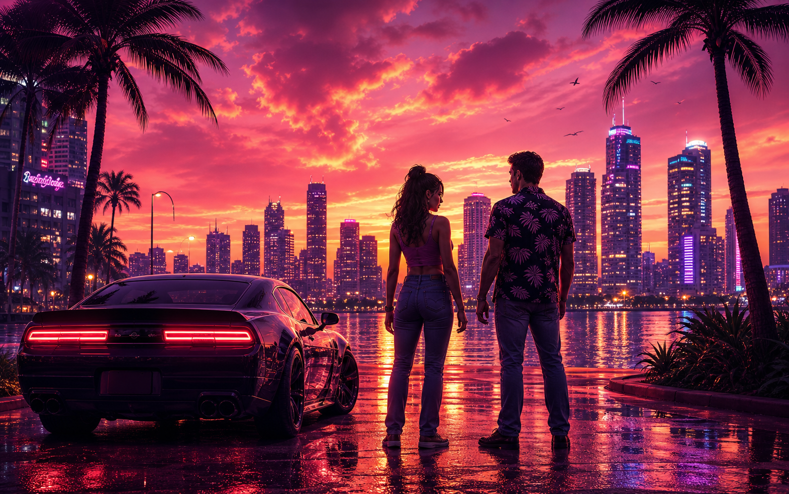 Ciudad tropical al atardecer con dos personajes y un coche